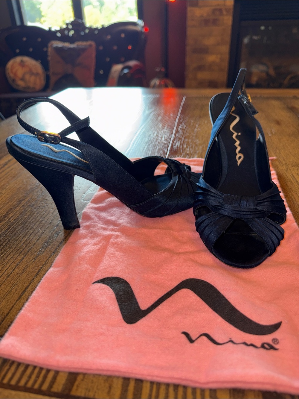Nina Navy Satin Slingback Heels